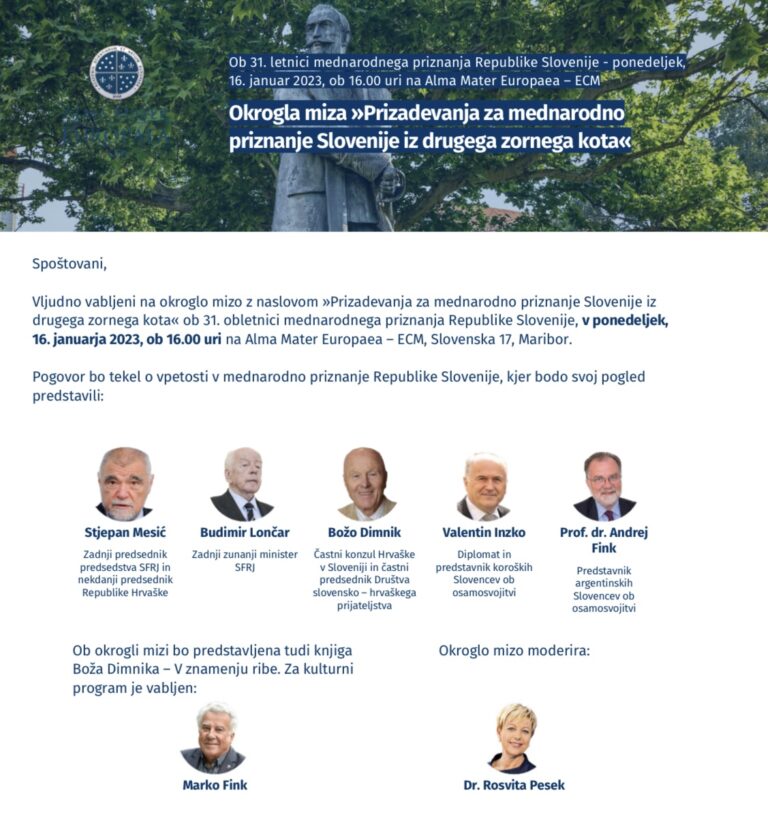 DOGODEK: Okrogla miza »Prizadevanja za mednarodno priznanje Slovenije iz drugega zornega kota«