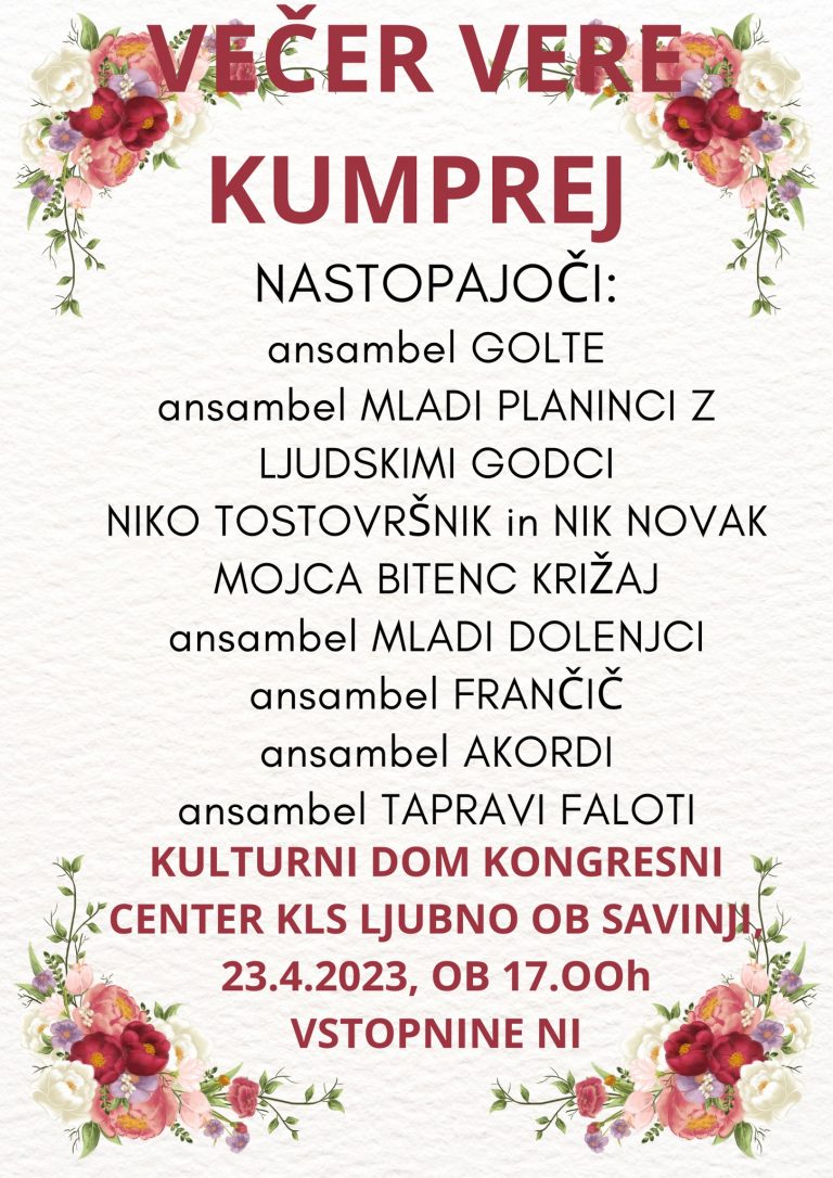 VABILO NA VEČER VERE KRAJNC KUMPREJ – 23.4.2023 ob 17.00 Kulturno društvo Ljubno ob Savinji