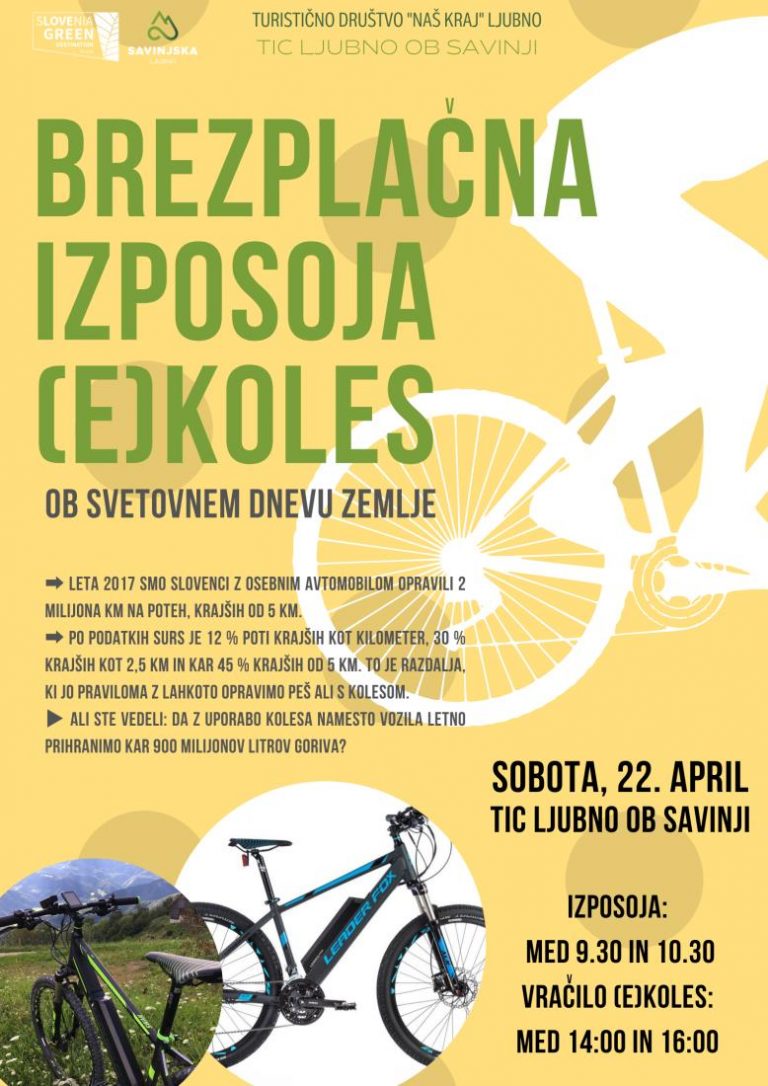 TIC Ljubno ob Savinji v soboto, 22. aprila omogoča brezplačno izposojo (e)koles