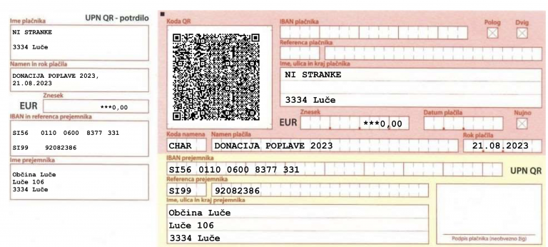 ŠTEVILKA RAČUNA S QR KODO ZA NAKAZILA DONACIJ PO KATASTROFALNIH POPLAVAH V OBČINI LUČE!
