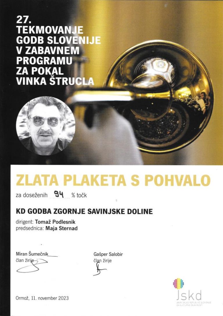 ZLATA PLAKETA S POSEBNO POHVALO ZA ZGORNJESAVINJSKE GODBENIKE