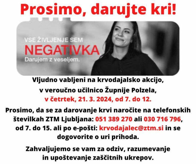 Krvodajalska akcija na Polzeli, v četrtek, 21. marca, od 7. do 12. ure!