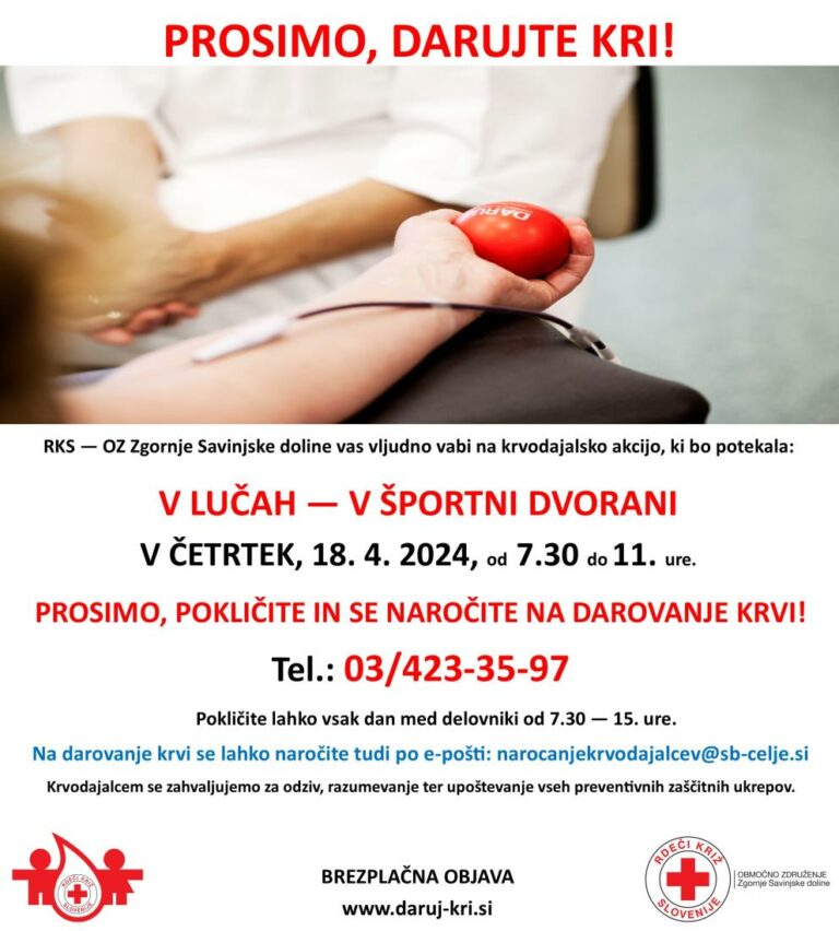KRVODAJALSKA AKCIJA V LUČAH – ČETRTEK, 18. APRIL 2024, MED 7.30 IN 11.00