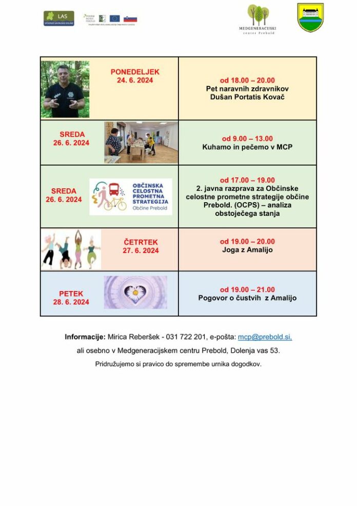 Tedenski program Medgeneracijskega centra Prebold, od ponedeljka, 24. 6. do petka, 28. 6. 2024, VIR: Občina Prebold .do.28.6.2024
