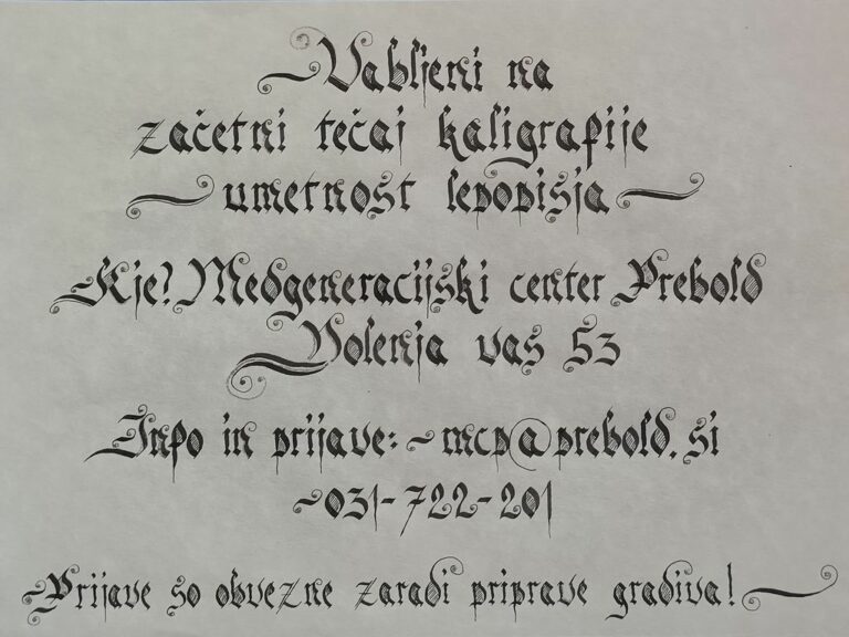 Začetni tečaj Kaligrafije v Preboldu- Umetnost lepopisja
