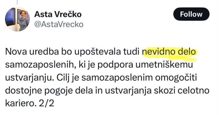 Ministrica za kulturo: upoštevali bomo tudi nevidno delo samozaposlenih