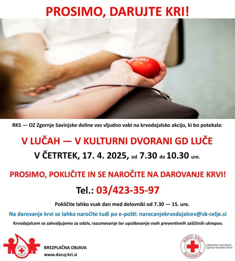 KRVODAJALSKA AKCIJA V LUČAH – ČETRTEK, 17. APRIL 2025, MED 7.30 IN 10.30